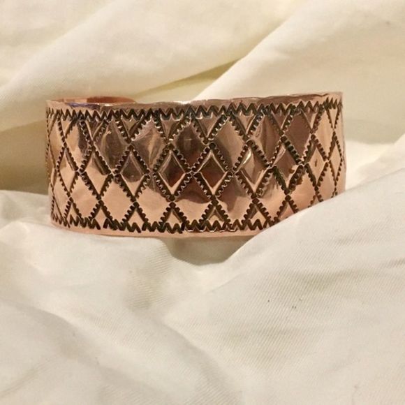 Vintage Diamond Etched Copper Cuff Bracelet - Picture 2 of 8